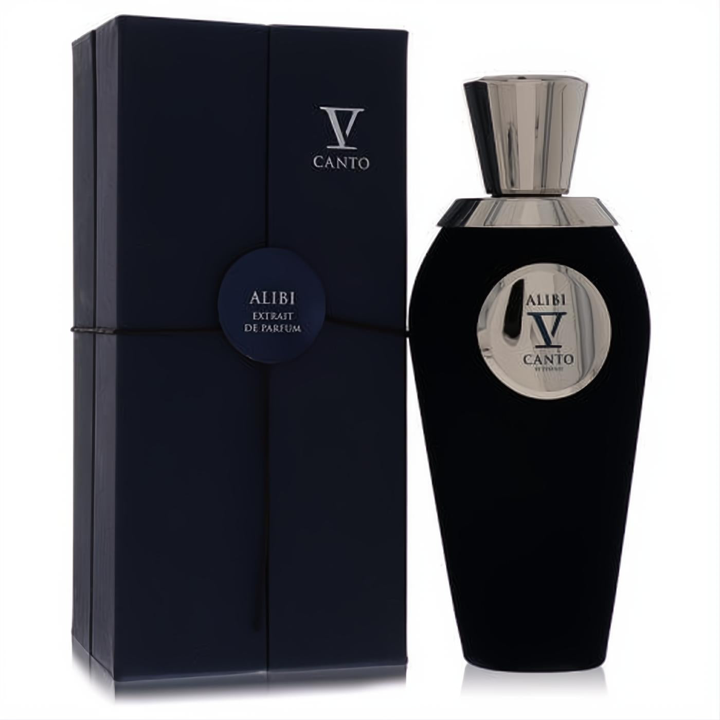 Alibi V by V Canto 3.38 oz unisex extrait de parfum: elegant black velvet bottle with silver cap and matching dark blue box.