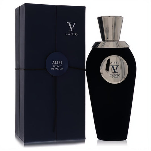 Alibi V by V Canto 3.38 oz unisex extrait de parfum: elegant black velvet bottle with silver cap and matching dark blue box.