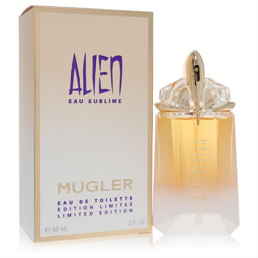 Thierry Mugler Alien Eau Sublime 2 oz EDT. Luxurious gold gradient bottle with a sculpted metallic cap, displayed with its chic limited edition box.