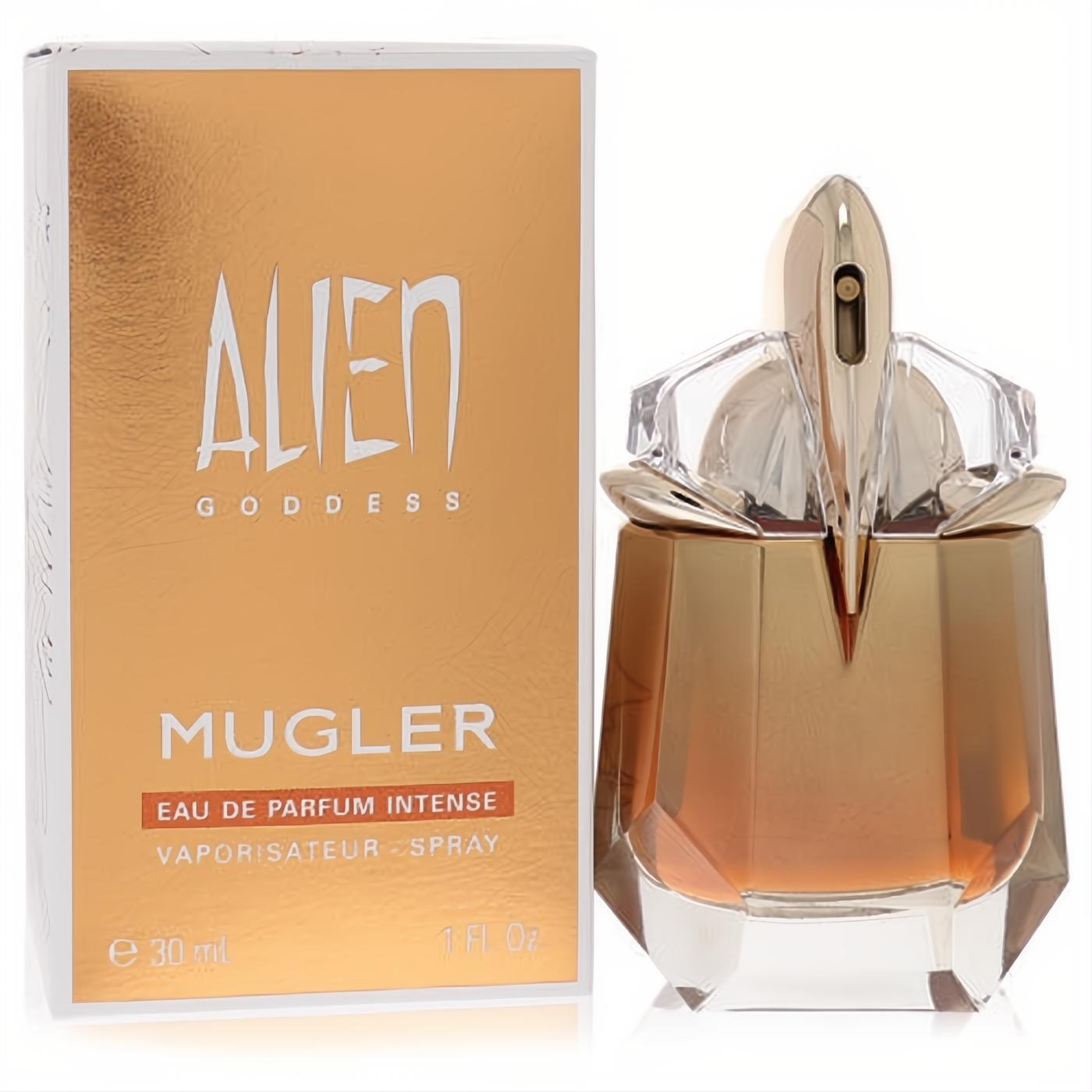 Luxurious Alien Goddess Intense 1 oz EDP spray by Mugler. Features a radiant gold sculptural bottle and matching metallic box.