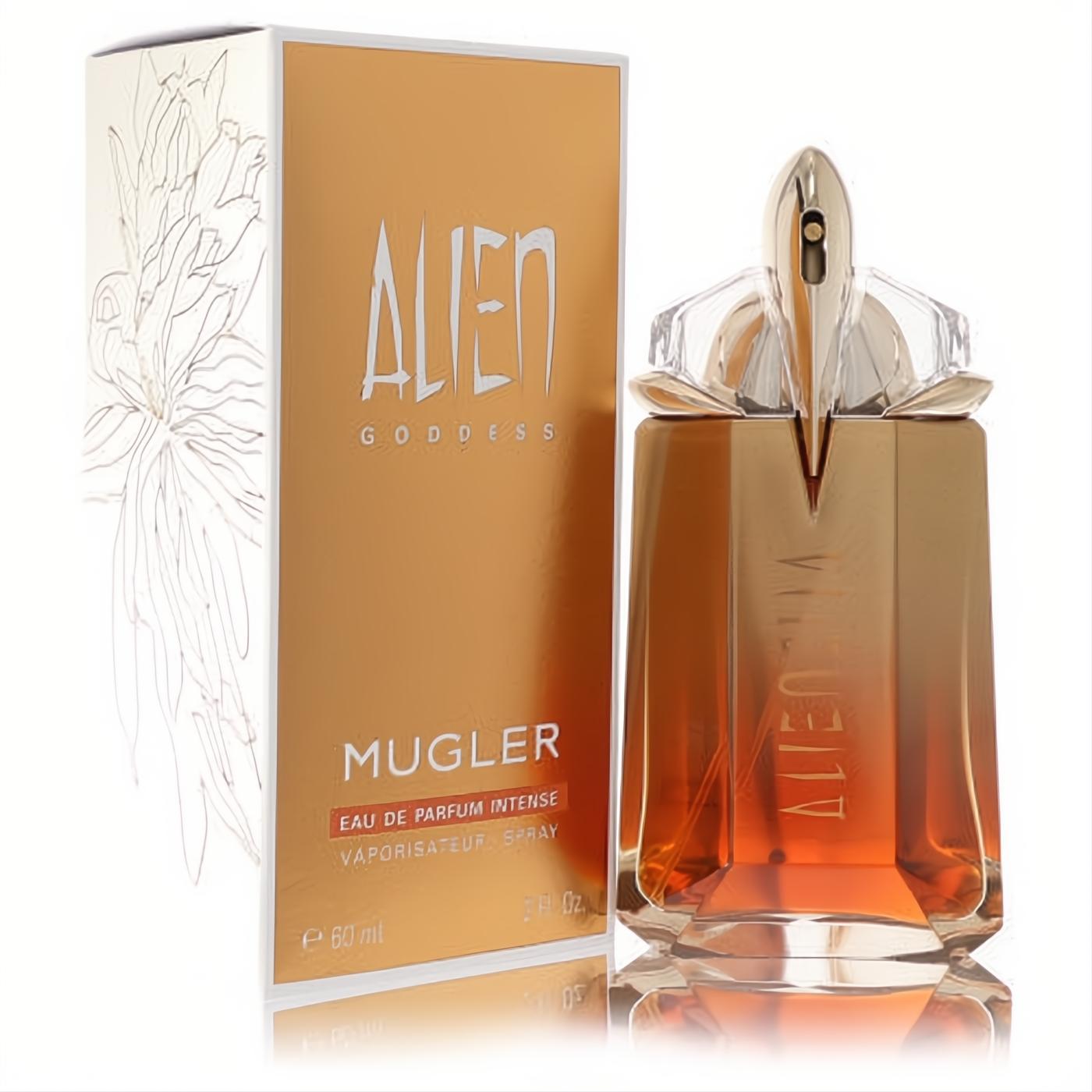Thierry Mugler Alien Goddess Intense 2 oz EDP. Luxurious gold bottle, unique winged cap, and elegant matching box for women.