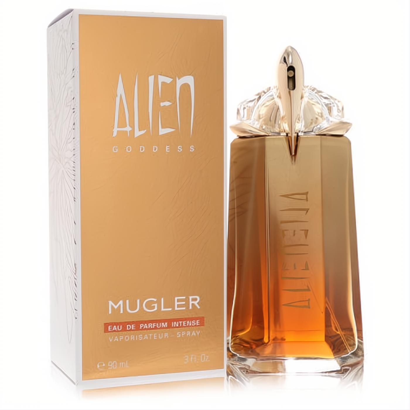 Thierry Mugler Alien Goddess Intense 3 oz EDP spray. Luxurious gold amber bottle with unique crown cap, next to its elegant box.