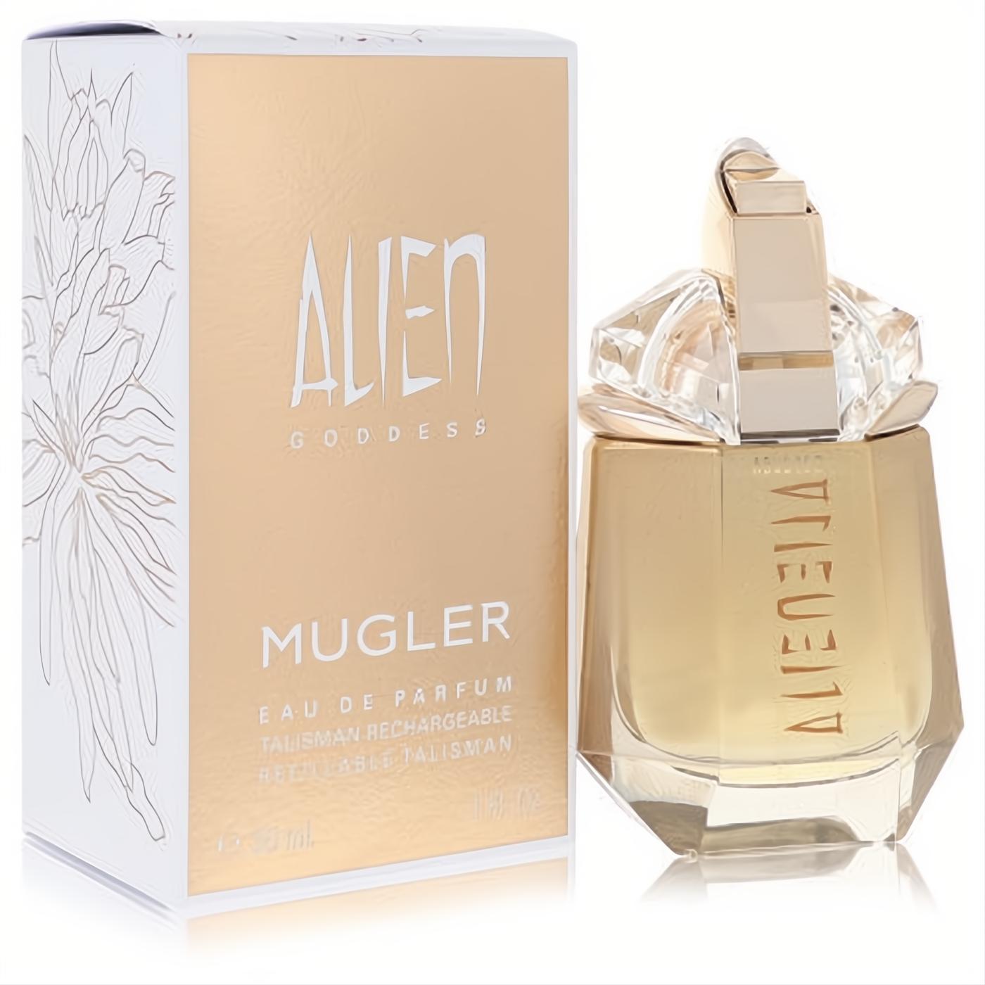 Thierry Mugler Alien Goddess 1 oz refillable Eau De Parfum. Golden bottle with unique faceted crystal cap and elegant box.