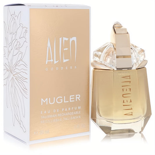 Thierry Mugler Alien Goddess 1 oz refillable Eau De Parfum. Golden bottle with unique faceted crystal cap and elegant box.