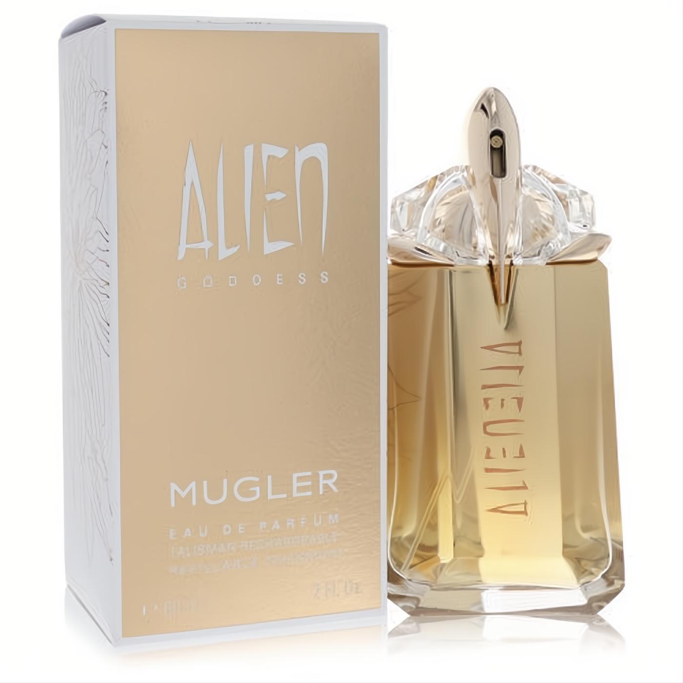 Alien Goddess Thierry Mugler 2 oz refillable Eau De Parfum. Luxurious golden bottle with unique design and matching box.