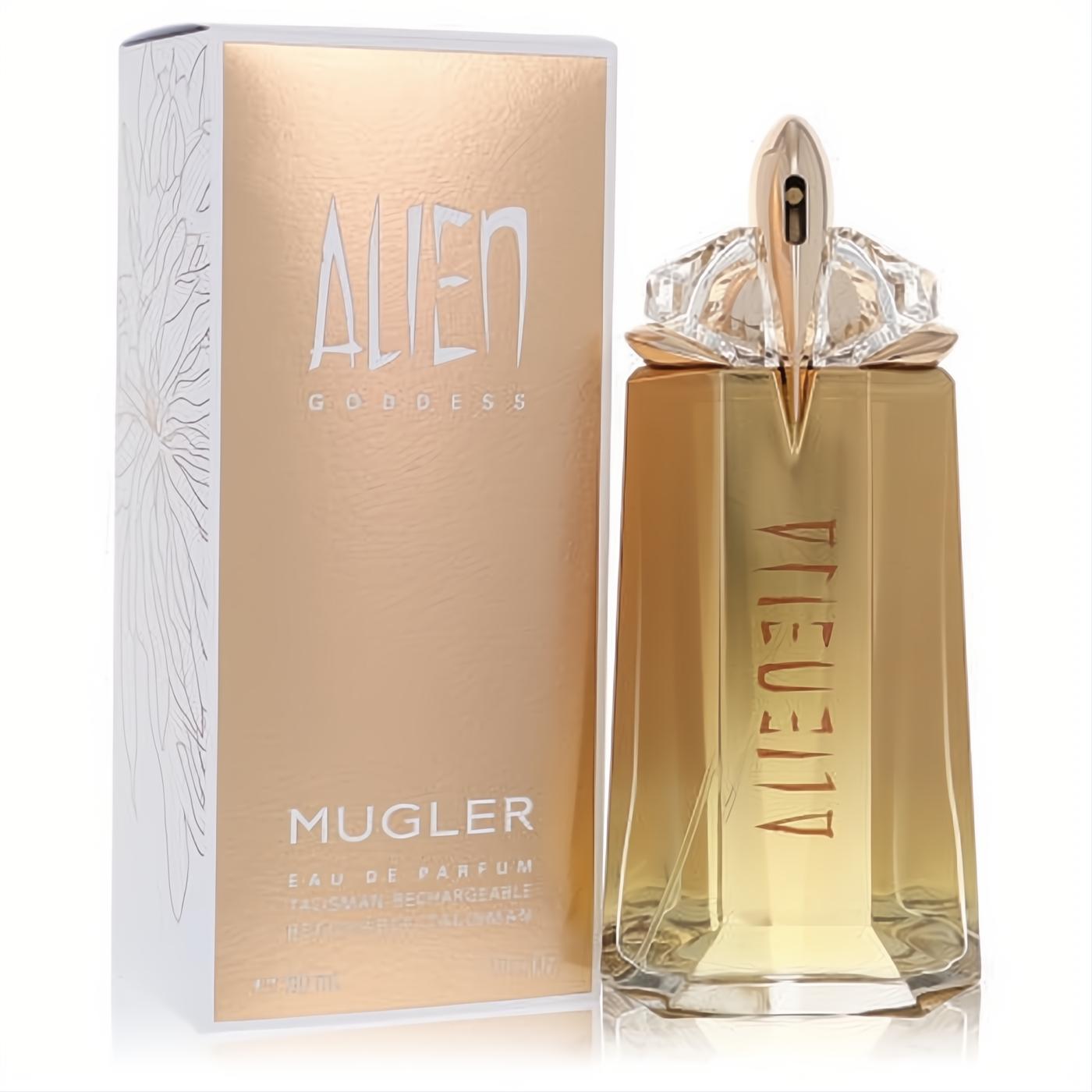 Thierry Mugler Alien Goddess 3 oz refillable EDP. Luxurious gold bottle with unique crystal cap, displayed with its matching elegant box.