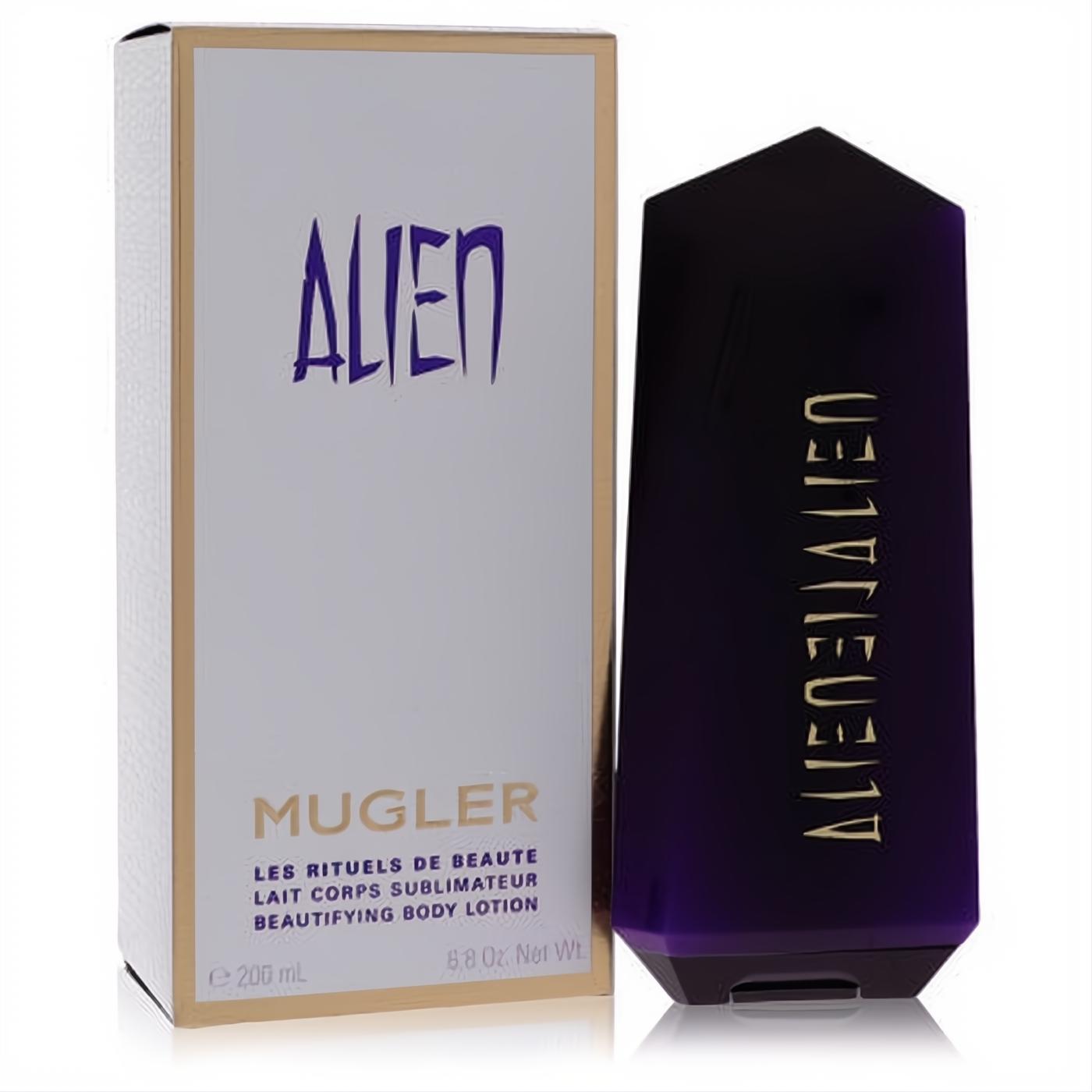 Alien by Thierry Mugler 6.8 oz body lotion in a striking dark purple faceted bottle with gold text, beside its elegant white and gold box.
