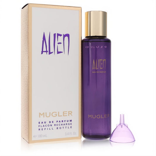 Alien by Mugler 3.4 oz EDP refill bottle. Vibrant purple glass with elegant gold cap, white box, and funnel.