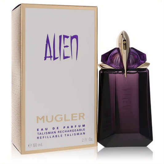 Luxurious Alien by Mugler 2 oz Eau de Parfum. Amethyst refillable spray bottle with gold cap, beside its elegant white and gold box.