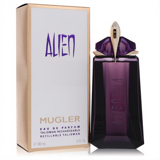 Alien by Mugler 3 oz Eau De Parfum: dark amethyst refillable talisman bottle with gold accents, next to its white and gold box.