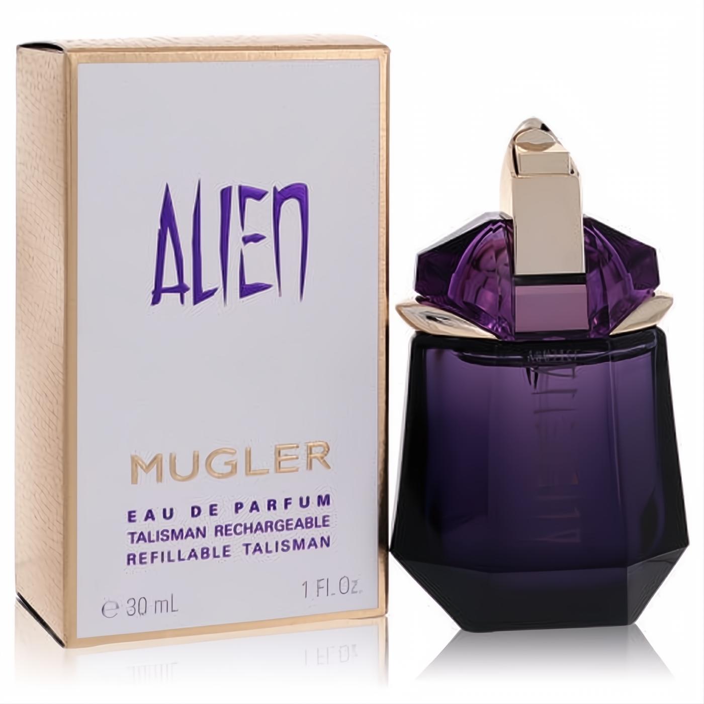 Iconic Alien by Mugler 1 oz refillable purple Eau de Parfum spray, featuring a stunning gemstone bottle with gold accents.