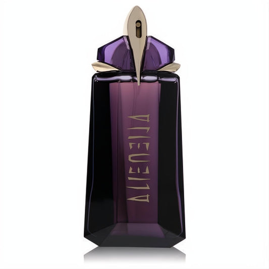 Alien by Thierry Mugler 3 oz Eau de Parfum. Luxurious deep purple faceted glass bottle with striking gold cap.