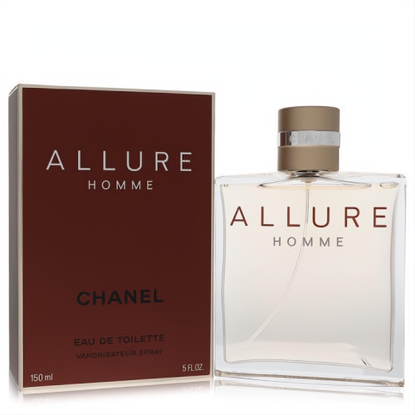 Chanel Allure Homme 5 oz Eau De Toilette spray. Elegant clear glass bottle with a gold cap, paired with its rich brown packaging.