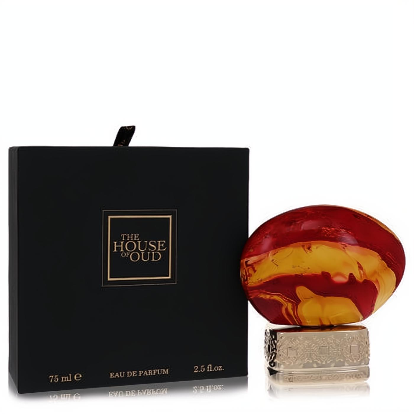 Luxurious The House of Oud Almond Harmony EDP 2.5 oz with vibrant red & gold swirled bottle on ornate base, beside elegant black box.