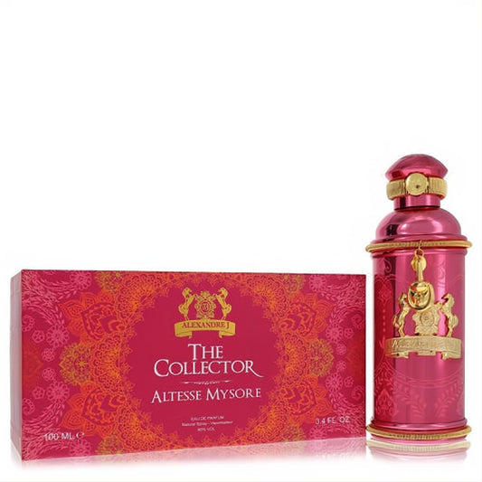 Alexandre J Altesse Mysore 3.4 oz Collector perfume set. Vibrant metallic fuchsia bottle, ornate gold details, and matching patterned box.