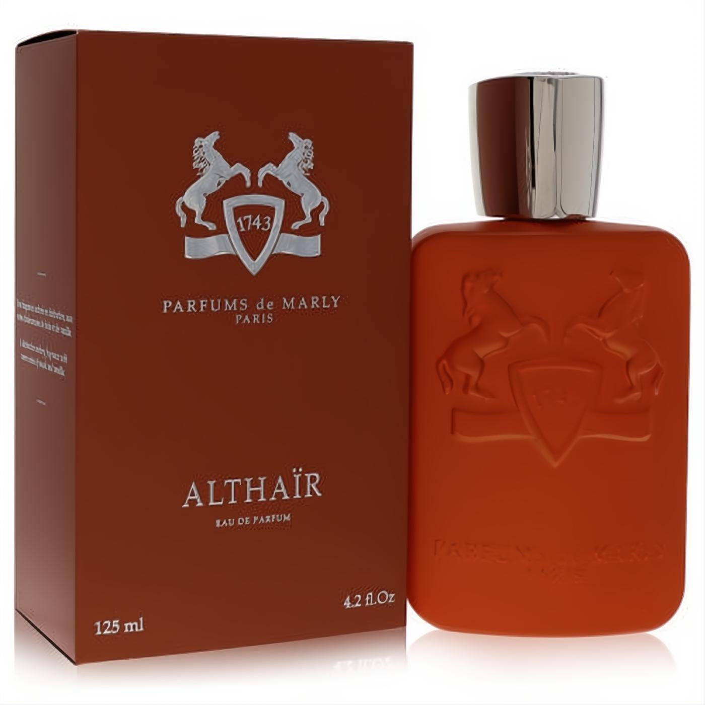 Luxurious Althair by Parfums De Marly 4.2 oz Eau De Parfum. Distinctive burnt orange bottle with embossed crest and elegant matching box.