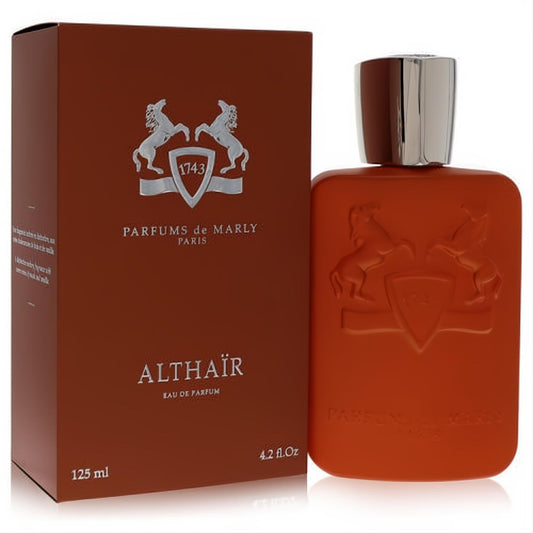 Luxurious Althair by Parfums De Marly 4.2 oz Eau De Parfum. Distinctive burnt orange bottle with embossed crest and elegant matching box.