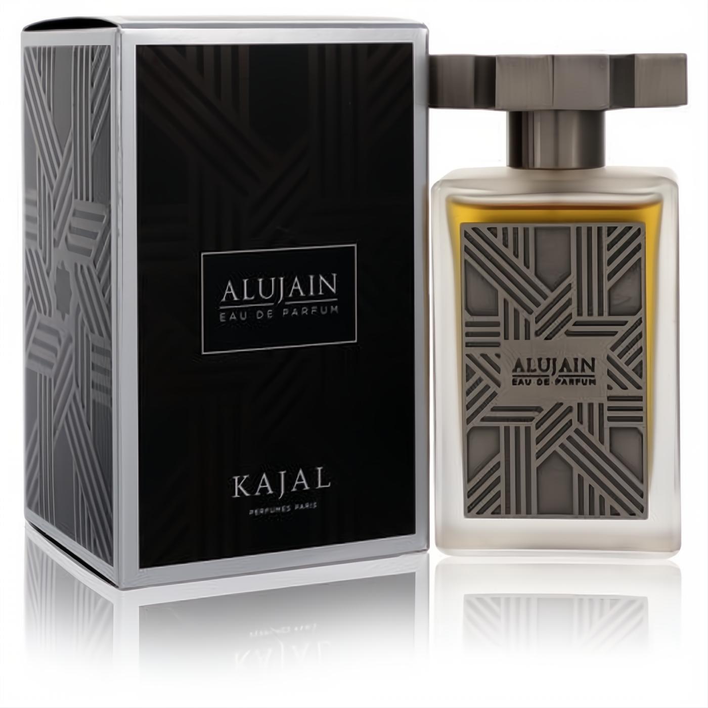 Alujain by Kajal 3.4 oz unisex EDP. Luxurious frosted glass bottle, dark metallic geometric design, and elegant matching box.