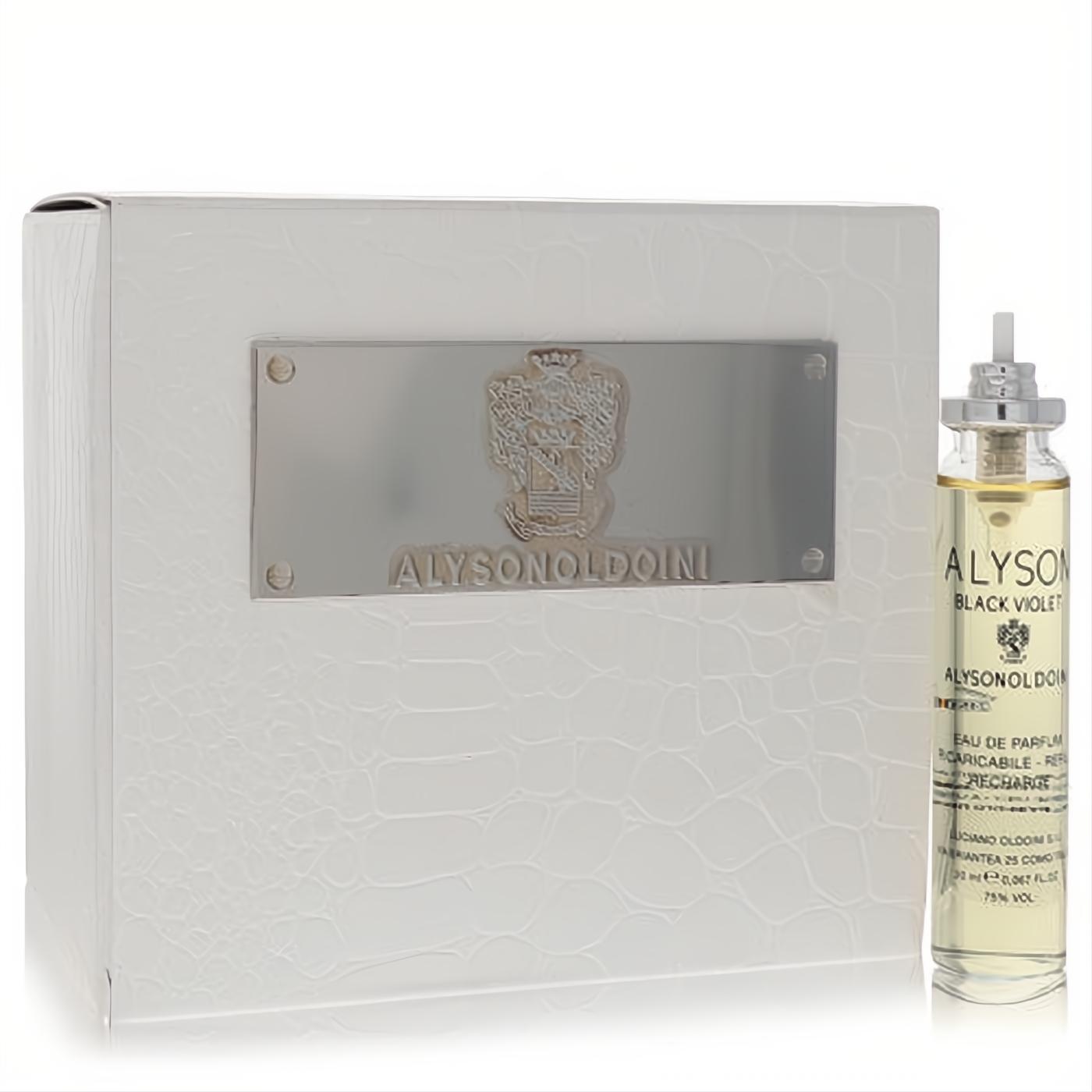 Elegant Alyson Oldoini Black Violet 1.4 oz Eau De Parfum refill bottle with a luxurious white crocodile-embossed gift box.