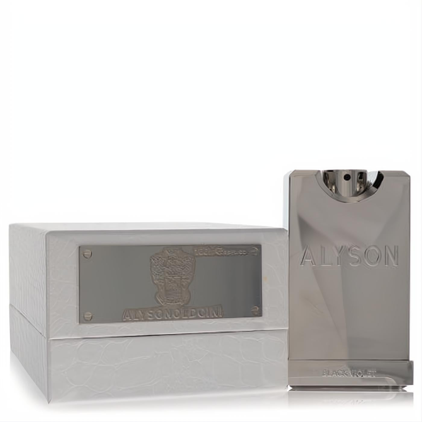 Luxurious Alyson Oldoini Black Violet perfume: sleek silver metallic bottle with embossed logo, and white textured presentation box.