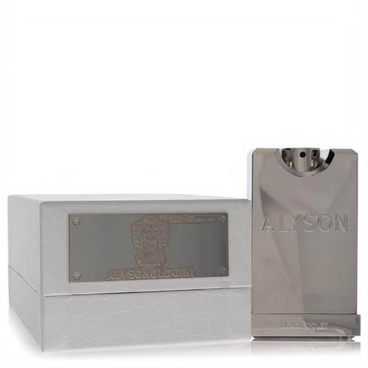 Luxurious Alyson Oldoini Black Violet perfume: sleek silver metallic bottle with embossed logo, and white textured presentation box.