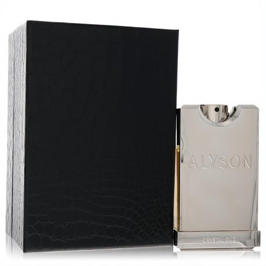 Alyson Oldoini Crystal Oud men's cologne: sleek silver bottle, embossed logo, and luxurious black crocodile-textured box.