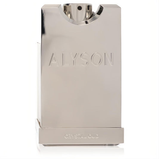 Alyson Oldoini Crystal Oud 3.3 oz men's Eau de Parfum. Sleek, reflective silver metallic bottle with embossed logo.