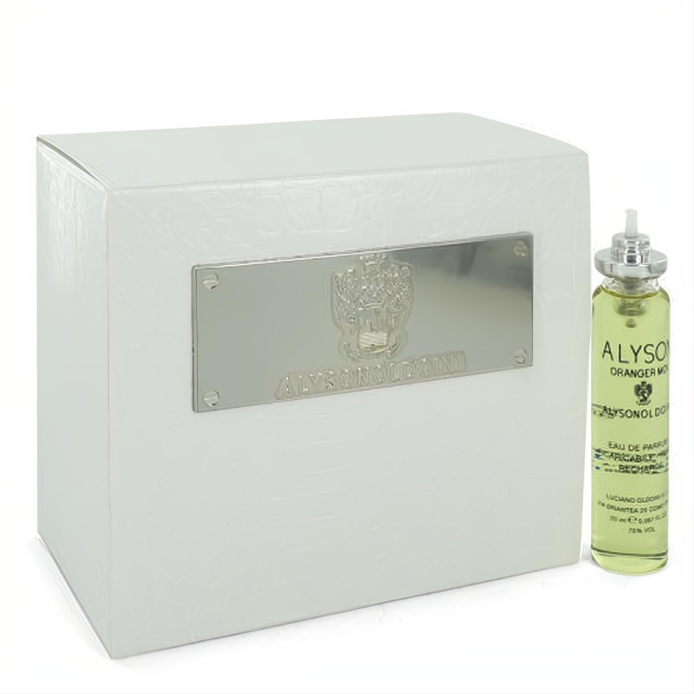 Elegant white Alyson Oldoini Oranger Moi perfume box with silver plaque and glowing 1.4 oz refill spray.