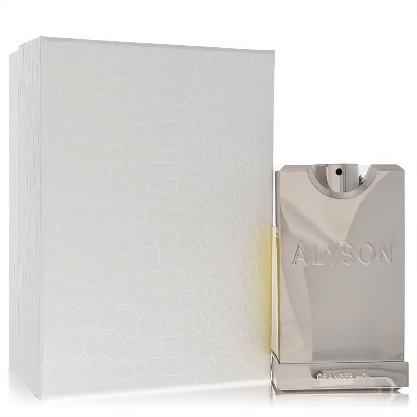 Alyson Oldoini Oranger Moi 3.3 oz women's EDP in a sleek silver metallic bottle with embossed "ALYSON", beside a luxurious textured white box.