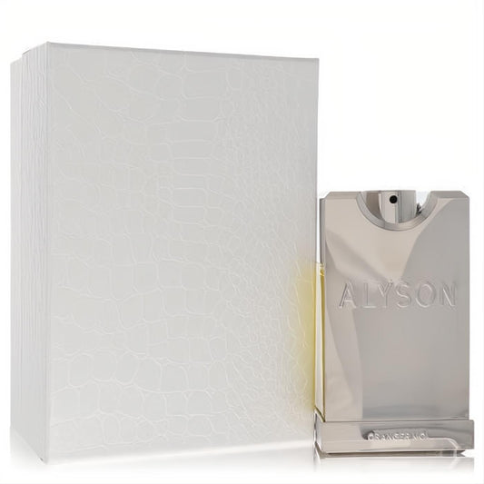 Alyson Oldoini Oranger Moi 3.3 oz women's EDP in a sleek silver metallic bottle with embossed "ALYSON", beside a luxurious textured white box.