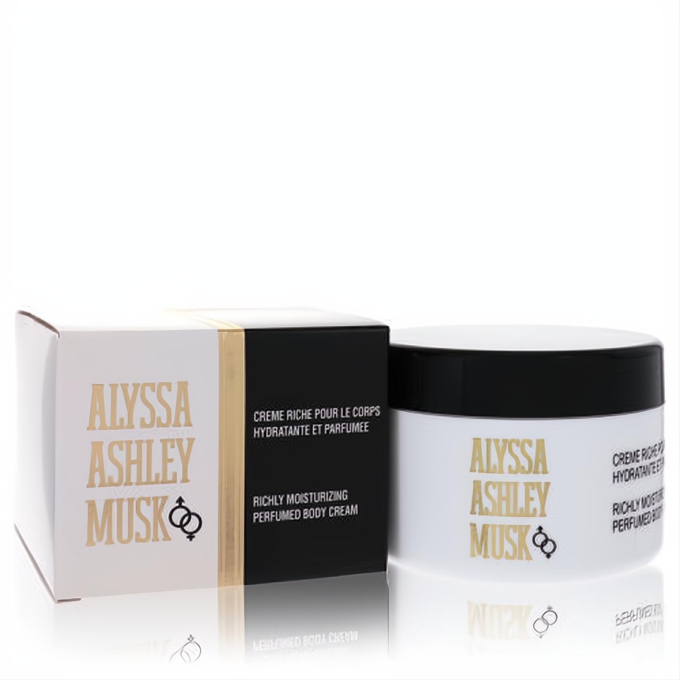Alyssa Ashley Musk 8.5 oz richly moisturizing perfumed body cream. Elegant white jar with black lid, gold branding, and matching box.
