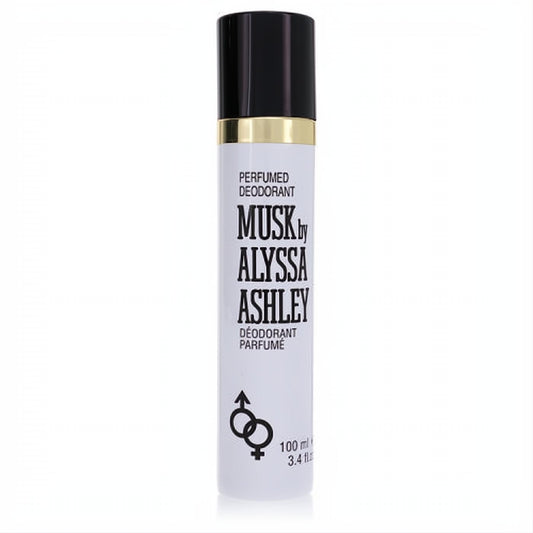 Luxurious Alyssa Ashley Musk 3.4 oz perfumed deodorant spray. White can, sleek black cap, and elegant gold band.