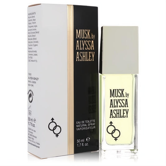 Alyssa Ashley Musk 1.7 oz Eau De Toilette spray, a timeless fragrance in a clear bottle with a chic black & cream box.