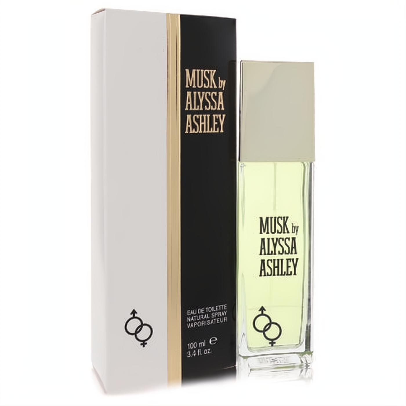 Alyssa Ashley Musk 3.4 oz EDT spray: clear glass bottle with light green fragrance, gold cap, and iconic white/black box.
