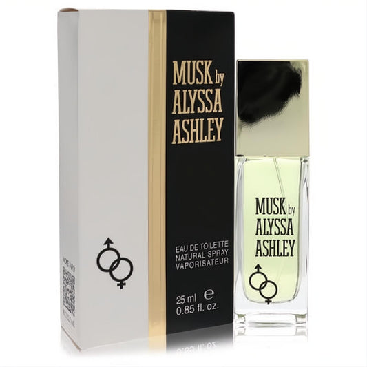 Alyssa Ashley Musk .85 oz EDT spray. Clear glass bottle, gold cap, light yellow fragrance, with its elegant black & white box.