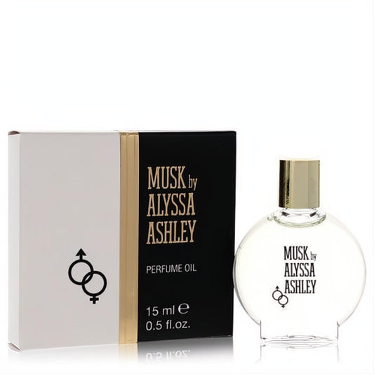 Luxurious Alyssa Ashley Musk Perfume Oil, 0.5 fl.oz. Clear round bottle with gold cap & sleek black/white box, perfect for all.