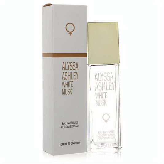 Alyssa Ashley White Musk 3.4 oz Eau Parfumee cologne spray. Sleek clear glass bottle, gold cap, and white box with female symbol.