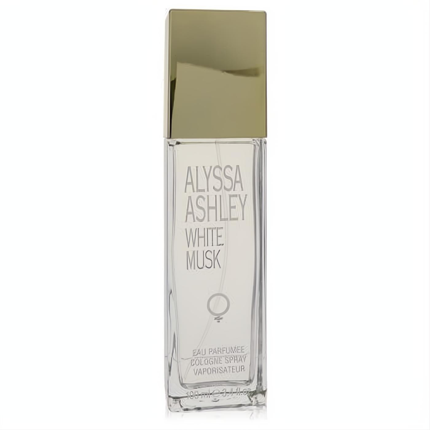 Indulge in Alyssa Ashley White Musk 3.4 oz cologne spray. Clear glass bottle, sleek design, and luxurious gold cap.