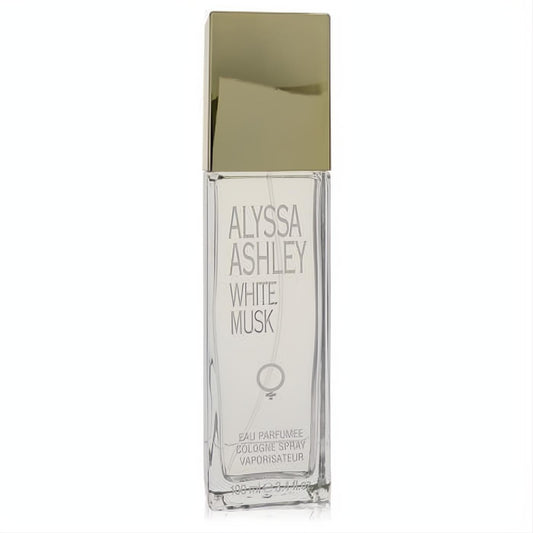 Indulge in Alyssa Ashley White Musk 3.4 oz cologne spray. Clear glass bottle, sleek design, and luxurious gold cap.