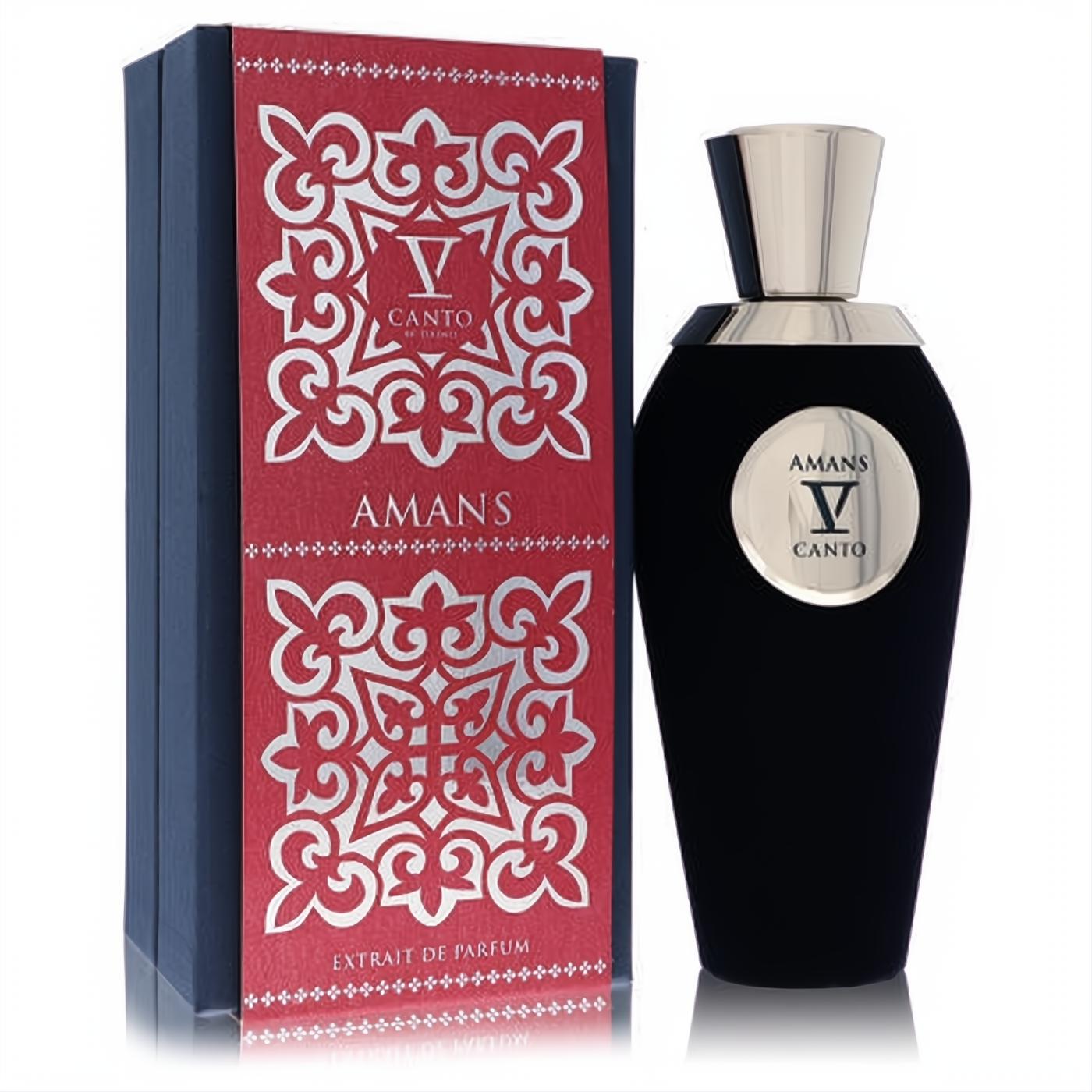 Amans V Canto 3.38 oz Extrait De Parfum: elegant black velvet-finish bottle with gold cap, beside its ornate red and navy box.