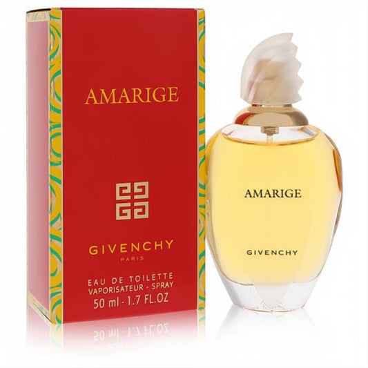 Elegant Amarige by Givenchy 1.7 oz EDT spray bottle with golden liquid and unique frosted cap, next to its luxurious red and gold packaging.