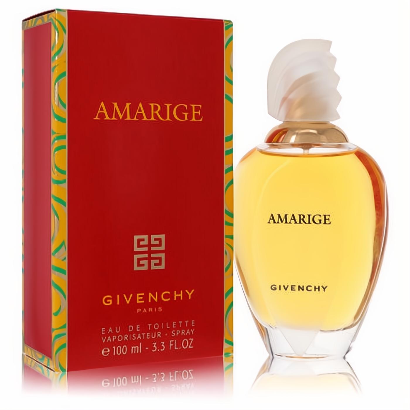 Luxurious Amarige by Givenchy Eau De Toilette spray, 3.3 oz, in a vibrant red box with golden liquid and an elegant frosted shell-like cap.