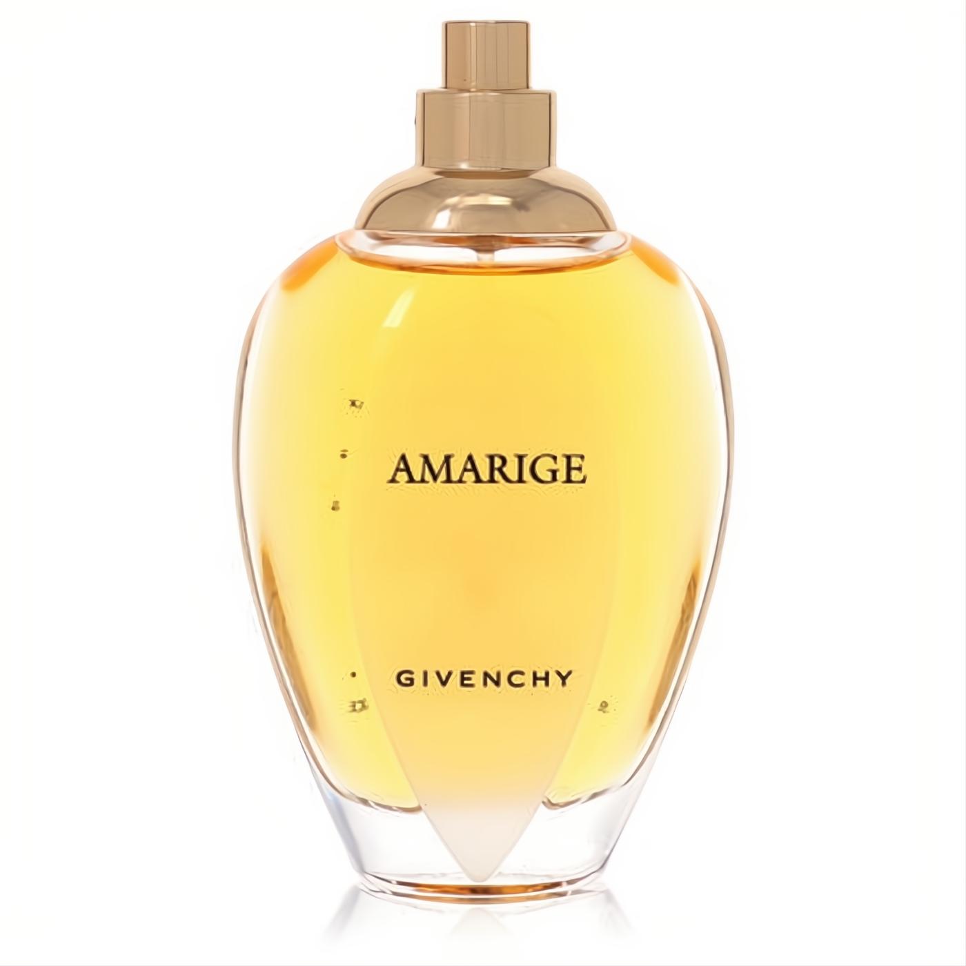 Elegant Amarige Givenchy women's Eau De Toilette tester. Golden fragrance in a unique clear glass bottle with a radiant gold cap.