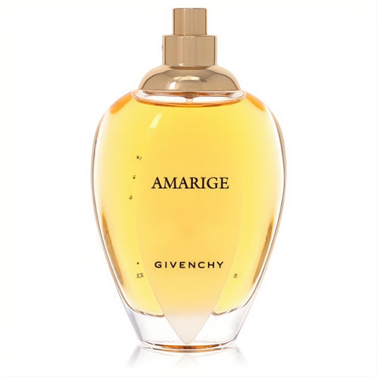 Elegant Amarige Givenchy women's Eau De Toilette tester. Golden fragrance in a unique clear glass bottle with a radiant gold cap.