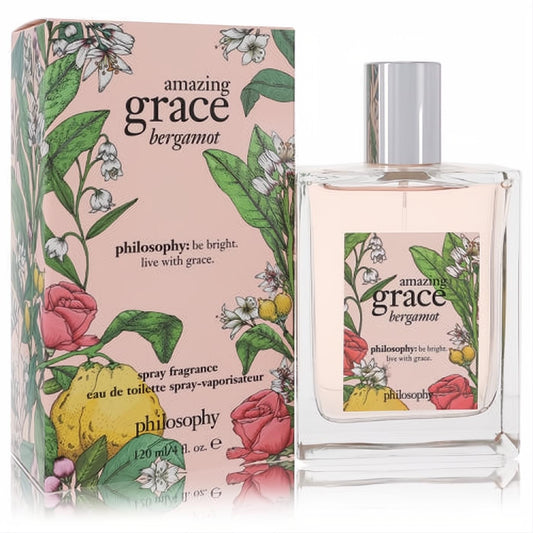 Discover Philosophy Amazing Grace Bergamot 4 oz EDT. Elegant clear glass bottle with silver cap and stunning pink botanical box.