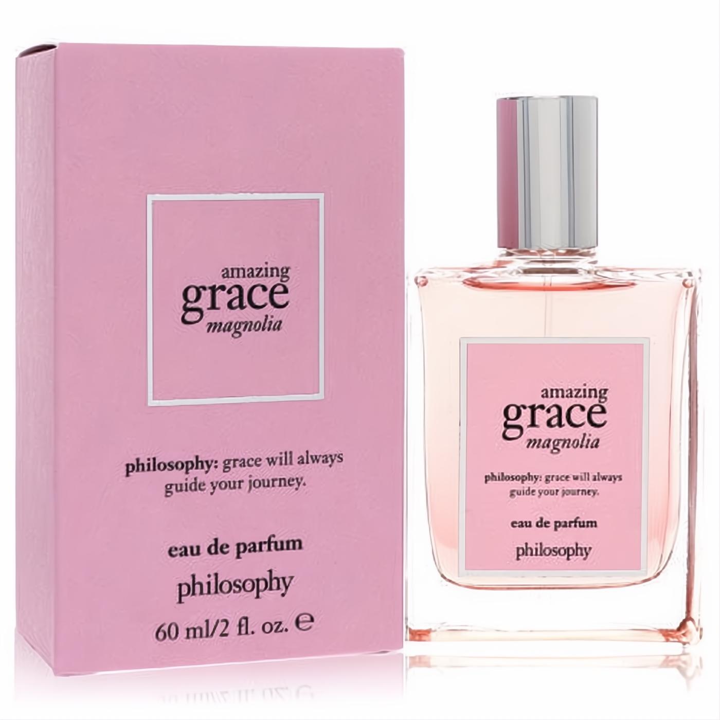 Philosophy Amazing Grace Magnolia 2 oz Eau De Parfum. Elegant pink fragrance in a clear glass bottle with silver cap and matching pink box.