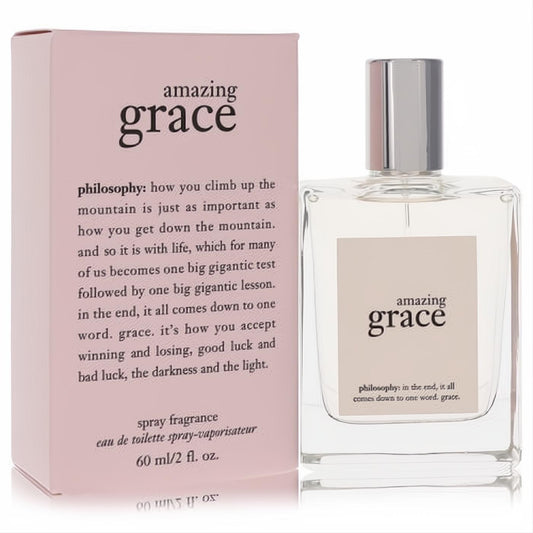 Amazing Grace Philosophy 2 oz EDT spray: clear glass bottle, silver cap, elegant blush pink box. Experience timeless fragrance.