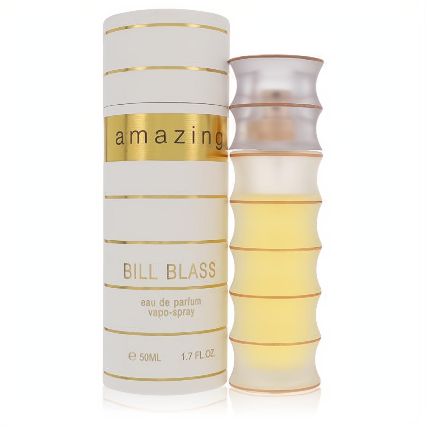 Amazing by Bill Blass 1.7 oz Eau de Parfum. Sophisticated frosted segmented glass bottle in a chic white and gold box.