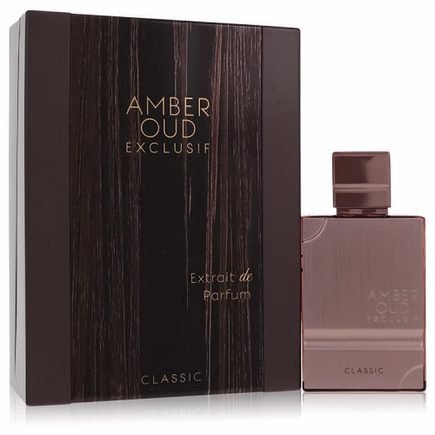 Al Haramain Amber Oud Exclusif Classic 2 oz unisex perfume. Striking rose gold bottle and sophisticated dark wood-grain gift box.