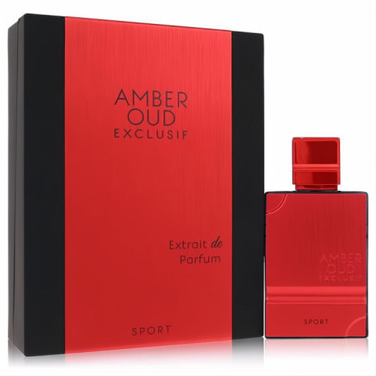 Bold metallic red Al Haramain Amber Oud Exclusif Sport unisex perfume bottle and sleek black-accented box.